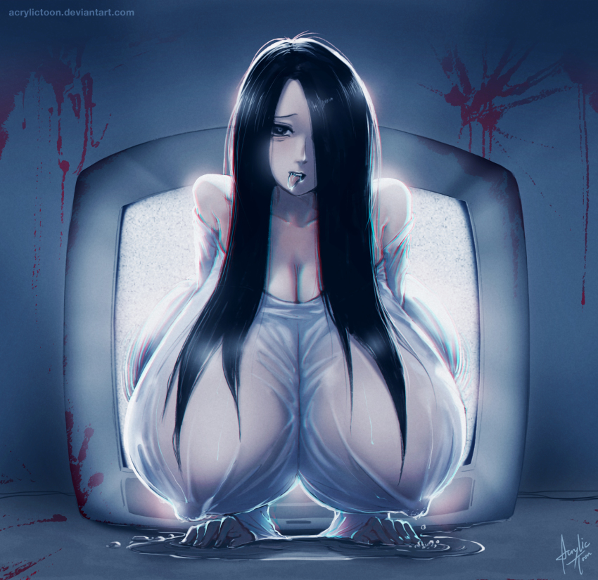 1girl acrylictoon bare_shoulders black_hair blood breasts cleavage covered_erect_nipples curvy drooling ghost ghost_girl gigantic_breasts hair_over_one_eye hanging_breasts highres huge_breasts light long_hair looking_at_viewer pale_skin saliva shiny_skin skin_tight television the_ring upper_body water wet yamamura_sadako you_gonna_get_raped