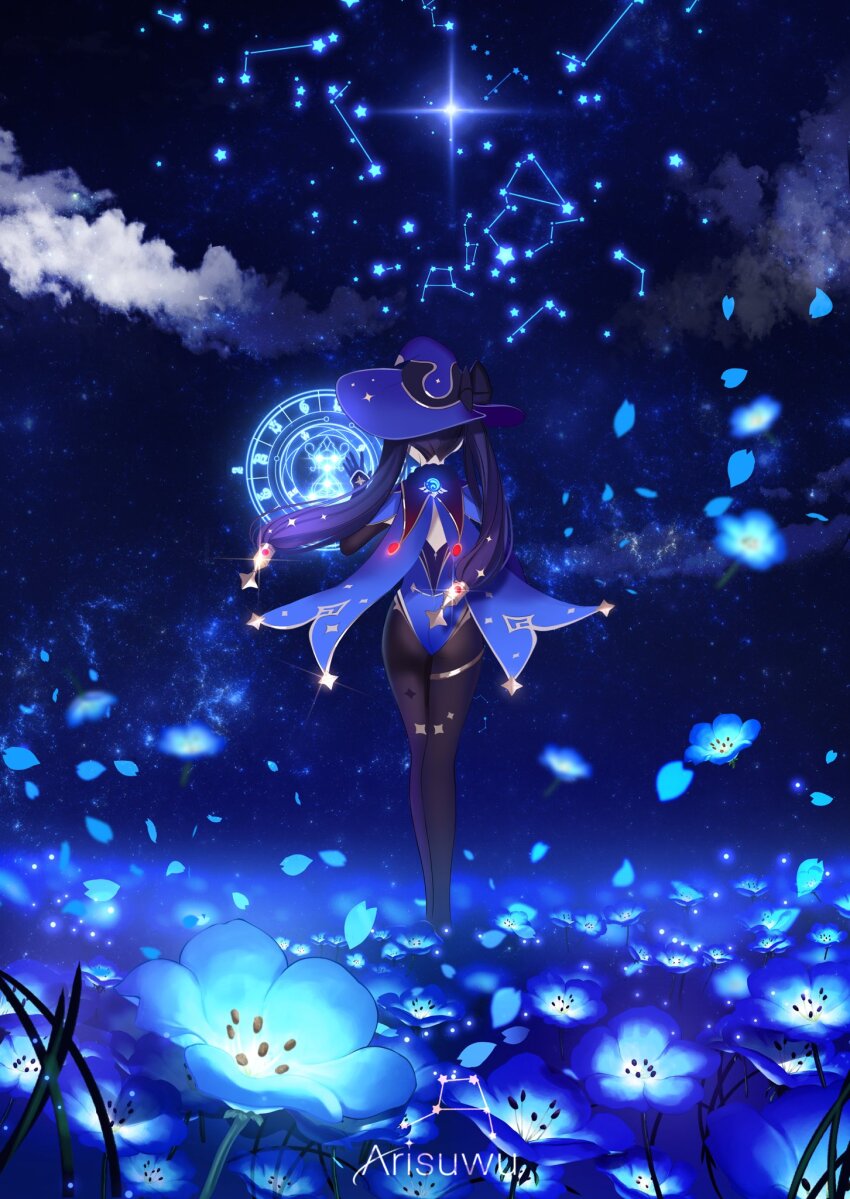 1girl 707arisu artist_name ass black_pantyhose blue_cape blue_flower blue_hat blue_leotard cape constellation constellation_request falling_petals field flower flower_field from_behind genshin_impact hashtag-only_commentary hat highleg highleg_leotard highres leotard long_hair mona_(genshin_impact) night night_sky pantyhose petals purple_hair sky solo standing star_(sky) starry_sky twintails very_long_hair vision_(genshin_impact) witch_hat