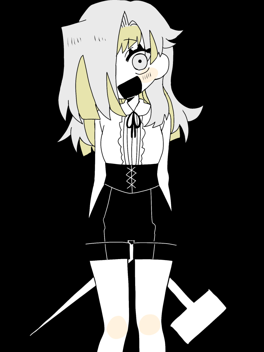 1girl alternate_hair_length alternate_hairstyle black_background black_shorts cowboy_shot head_tilt highres kitaku_(ienikaeru) kromer_(project_moon) limbus_company long_sleeves looking_at_viewer neck_ribbon open_mouth project_moon ribbon shirt shorts simple_background solo white_shirt