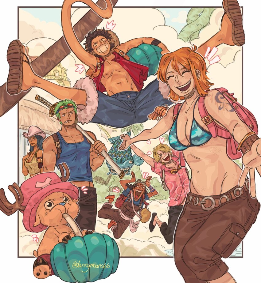 2girls 5boys ^_^ arm_tattoo armlet bag bikini bikini_top_only blonde_hair blue_shorts blue_tank_top border bracelet brown_shorts closed_eyes cowboy_hat cross dannymans66 drinking_straw fish goggles goggles_on_head green_hair hair_over_one_eye hat highres holding holding_sword holding_weapon jewelry long_nose monkey_d._luffy multiple_boys multiple_girls nami_(one_piece) nami_(one_piece)_(skypiea) nico_robin nico_robin_(skypiea) notice_lines one_piece open_clothes open_shirt orange_hair palm_tree red_shirt redrawn roronoa_zoro sandals sanji_(one_piece) scar scar_on_face shirt shorts shoulder_bag smile swimsuit sword tank_top tattoo tony_tony_chopper tree twitter_username usopp weapon white_border white_hat