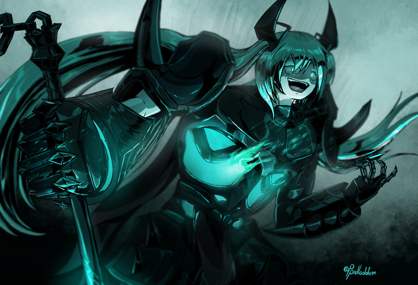 1girl aqua_eyes aqua_hair armor crossover glowing glowing_eyes hatsune_miku holding holding_mace holding_weapon league_of_legends long_hair mace mordekaiser open_mouth ppalladdinn solo twintails upper_body very_long_hair vocaloid weapon worldwide_miku