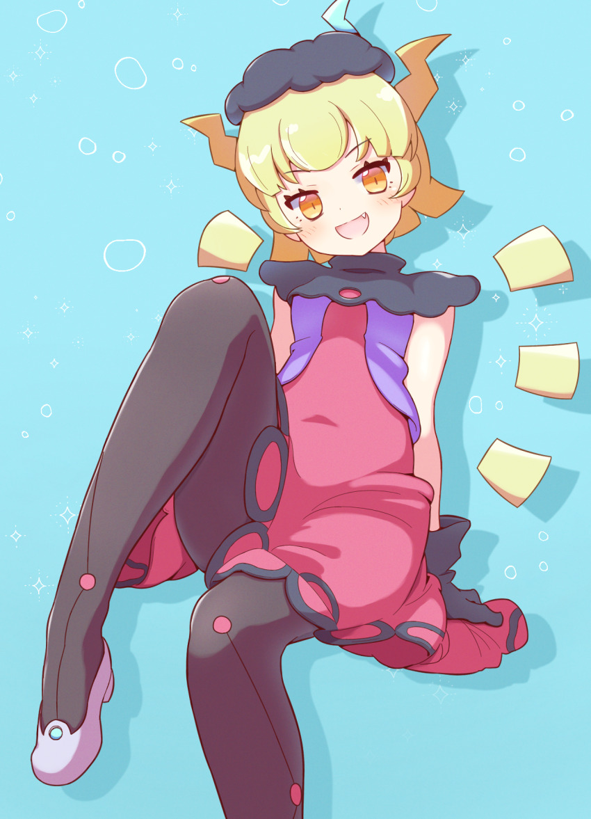 1girl :d arm_rest arms_at_sides black_capelet black_gloves black_hat black_pantyhose blue_background blunt_ends breasts capelet collared_capelet dot_nose double-parted_bangs dress drop_shadow fang flipped_hair foot_dangle foot_out_of_frame fur_hat gloves grey_shoes hair_horns hat highres invisible_chair jacket jazz_grace knee_up leaning_back light_blush looking_to_the_side marle_(jikuu_no_bagu)_(puyopuyo) marle_(puyopuyo) notice_lines open_clothes open_jacket open_mouth orange_eyes pantyhose patterned_background pink_dress puyopuyo puyopuyo_tetris_2 rubber_gloves shoes short_hair sidelocks sideways_glance sitting skindentation sleeveless sleeveless_jacket slit_pupils small_breasts smile solo split_mouth turtleneck turtleneck_capelet