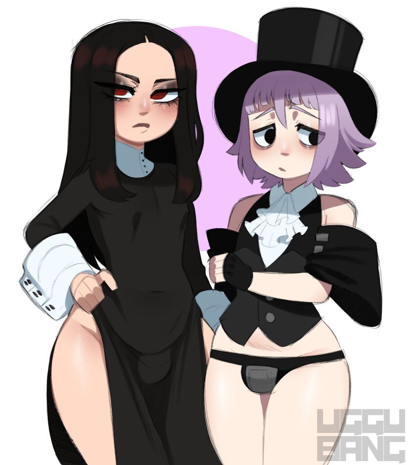 2boys androgynous ascot averting_eyes bags_under_eyes bare_shoulders black_eyeshadow black_hair black_hat black_panties black_sleeves black_vest bulge choppy_bangs cosplay costume_switch covered_navel cowboy_shot crona_(soul_eater) cropped_vest cuff_links detached_sleeves eyeshadow fingerless_gloves furrowed_brow gloves guilty_gear guilty_gear_strive half-closed_eyes hand_on_own_arm hand_on_own_hip hat highres holding_own_arm light_frown long_hair looking_at_viewer looking_to_the_side makeup male_focus multiple_boys panties pear-shaped_figure purple_hair red_eyes short_hair side_slit soul_eater testament_(guilty_gear) thighs top_hat trap uggu_bang underwear vest white_ascot white_sleeve_cuffs