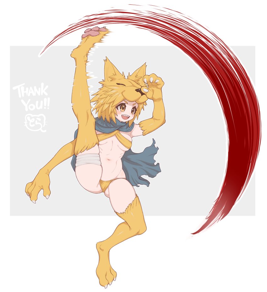 1girl absurdres animal_ears animal_hands animal_legs bandages barefoot blonde_hair blush bra breasts claws commentary_request commission fox_ears fox_girl fox_hat full_body genocide_cutter grey_background grey_cloak highres kicking leg_up looking_afar medium_breasts moonlight_flower motion_blur navel notora omega_rugal open_mouth panties ragnarok_online second-party_source short_hair simple_background skeb_commission smile solo teeth the_king_of_fighters underwear upper_teeth_only white_background yellow_bra yellow_eyes yellow_panties