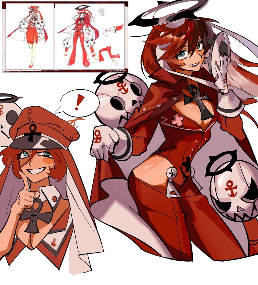 1girl black_halo blue_eyes breasts cape cleavage concept_art gloves guilty_gear guilty_gear_strive halo hat highres holding holding_mask jack-o jack-o&#039;_valentine jacket looking_at_viewer looking_up mask multiple_views red_cape red_hair red_hat red_jacket streetgear_game thinking white_gloves