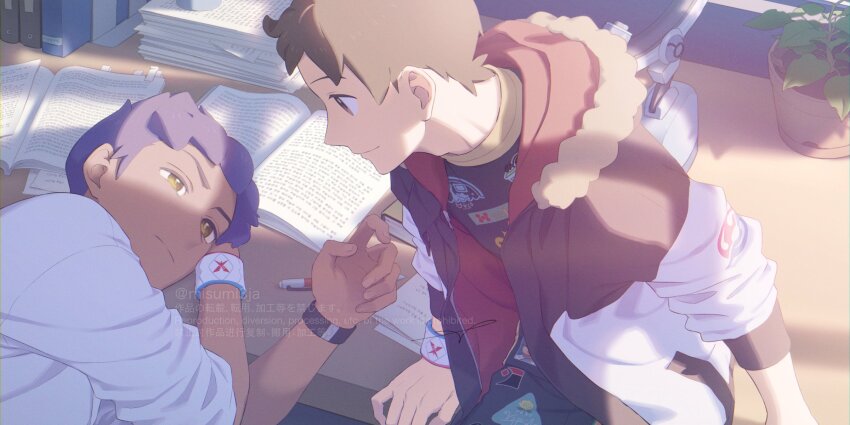 2boys book bright_pupils brown_hair closed_mouth coat commentary_request creatures_(company) dark-skinned_male dark_skin desk dynamax_band eye_contact game_freak highres hop_(pokemon) indoors jacket looking_at_another male_focus multiple_boys nintendo open_clothes open_jacket pokemon pokemon_swsh purple_hair sankaku shirt short_hair smile victor_(pokemon) white_coat white_pupils yellow_eyes