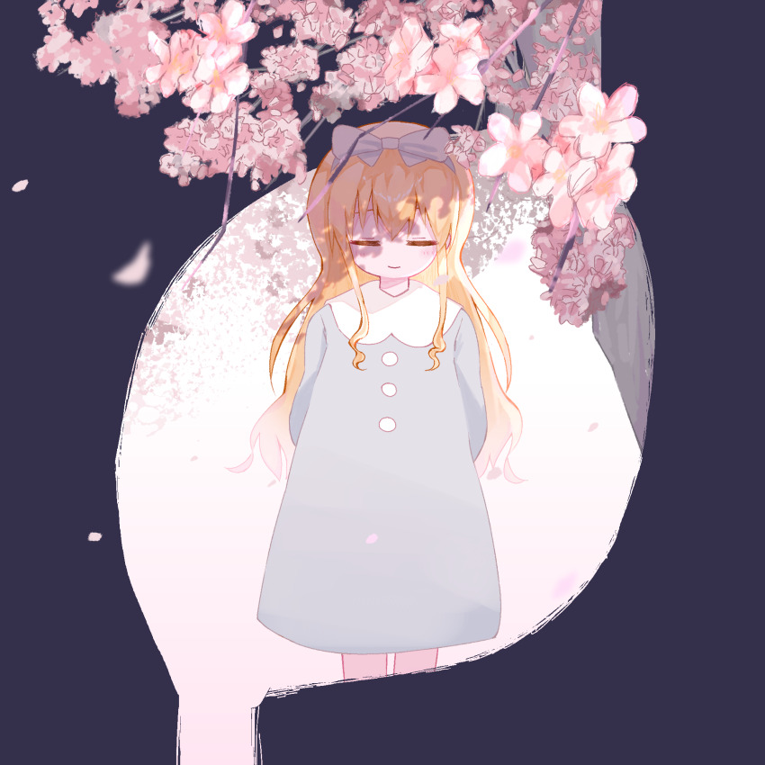 1girl arms_behind_back blonde_hair blue_bow blue_dress border bow cherry_blossoms closed_eyes closed_mouth dress facing_viewer falling_petals hair_bow highres iyowa_girls long_hair long_sleeves outside_border pajamy_(character)_(iyowa) petals purple_border rinarina0315 smile solo standing tree