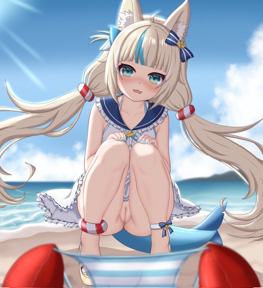 1girl :3 ahoge animal_ear_fluff animal_ears ankle_bow ankle_ribbon azunyart beach bikini blonde_hair blue_bikini blue_bow blue_eyes blue_hair blue_nails blue_sailor_collar blue_sky blunt_bangs blurry blurry_background blurry_foreground blush bow bucket cat_ears cleft_of_venus cloud cloudy_sky crab day depth_of_field dress fang fins fish_girl fish_tail flat_chest frilled_dress frilled_sailor_collar frills full_body hair_bow halterneck hands_on_own_knees highres indie_virtual_youtuber knees_together_feet_apart leg_ribbon lifebuoy_anklet lifebuoy_hair_ornament loli long_hair looking_at_viewer low_twintails multicolored_hair nail_polish no_panties nose_blush ocean one_side_up open_mouth outdoors pussy ribbon sailor_collar sailor_dress sameko_saba sand sand_bucket sandals sky solo squatting streaked_hair striped_bikini striped_clothes sun swimsuit tail toenail_polish toenails toes twintails two-tone_hair uncensored unworn_bikini_bottom variant_set very_long_hair virtual_youtuber white_dress