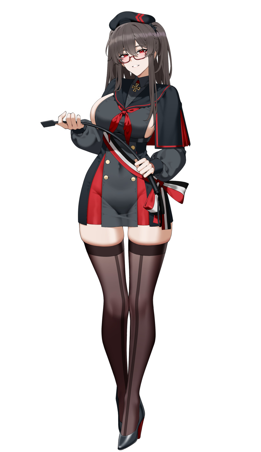 absurdres alternate_costume azur_lane beret black_capelet black_hair black_hat black_shoes breasts brown_thighhighs buttons capelet corruption dark_persona double-breasted dress hat highres holding holding_whip large_breasts london_(azur_lane) long_hair long_sleeves neckerchief red_neckerchief shoes sideboob solo taut_clothes taut_dress thighhighs transparent_background wsfw zettai_ryouiki