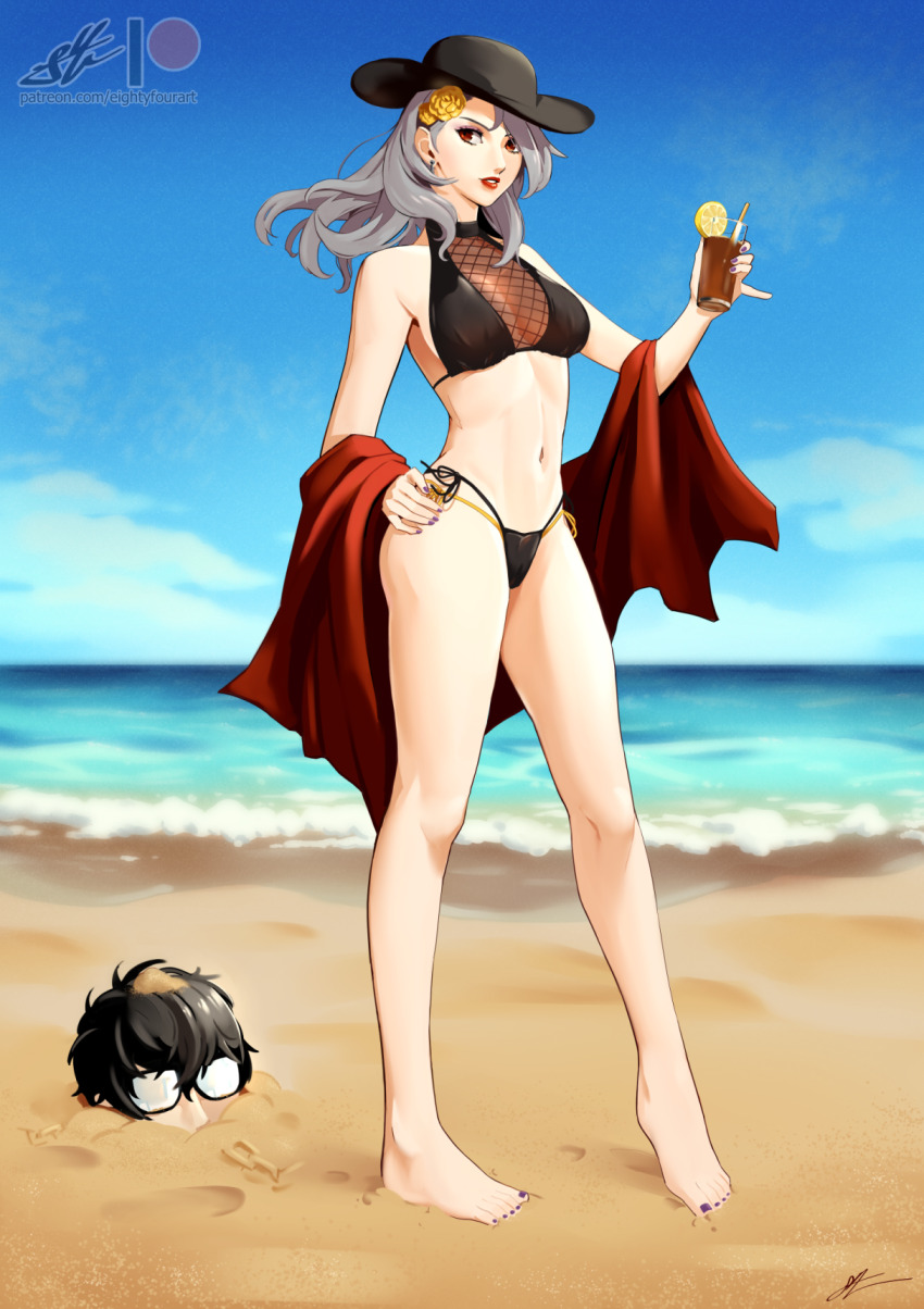1boy 1girl amamiya_ren artist_logo artist_name barefoot beach bikini black_bikini black_hat blue_sky breasts buried commentary cup day drinking_straw earrings eightyfourart english_commentary eyelashes feet fishnets flower food footprints fruit full_body glasses grey_hair hair_flower hair_ornament hair_over_one_eye hand_on_own_hip hand_up hat heel_up highres holding jewelry legs lemon lemon_slice logo long_hair medium_breasts nail_polish navel niijima_sae official_style outdoors parted_lips persona persona_5 purple_nails red_eyes red_lips sand side-tie_bikini_bottom signature sky soejima_shigenori_(style) solo_focus stomach swimsuit thighs toenail_polish toenails toes watermark web_address yellow_flower