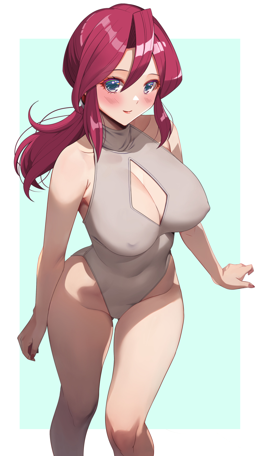 1girl absurdres akihiro0920 blue_eyes blush border breasts cleavage cleavage_cutout clothing_cutout commentary_request covered_erect_nipples earrings elite_four female_focus gluteal_fold green_background grey_leotard hair_between_eyes heattech_leotard highres jewelry large_breasts leotard looking_at_viewer lorelei_(pokemon) nintendo poke_ball_earrings pokemon pokemon_(anime) pokemon_(classic_anime) ponytail red_hair sidelocks simple_background smile solo standing thigh_gap wide_hips
