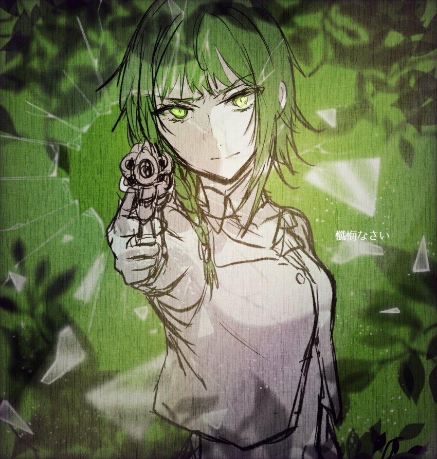 1girl aiming aiming_at_viewer bad_id bad_twitter_id bare_arms bare_shoulders braid breaking bullet_hole closed_mouth detached_collar evillious_nendaiki fourth_wall frown glowing glowing_eyes green_background green_eyes green_hair gumi gun handgun highres leaf limited_palette looking_at_viewer midriff nemesis_no_juukou_(vocaloid) nemesis_sudou pointing pointing_at_viewer revolver shards short_hair_with_long_locks side_braid sidelocks silhouette sketch sleeveless sleeveless_jacket solo v-shaped_eyebrows vocaloid warabi_(danngo-mitarasi) weapon