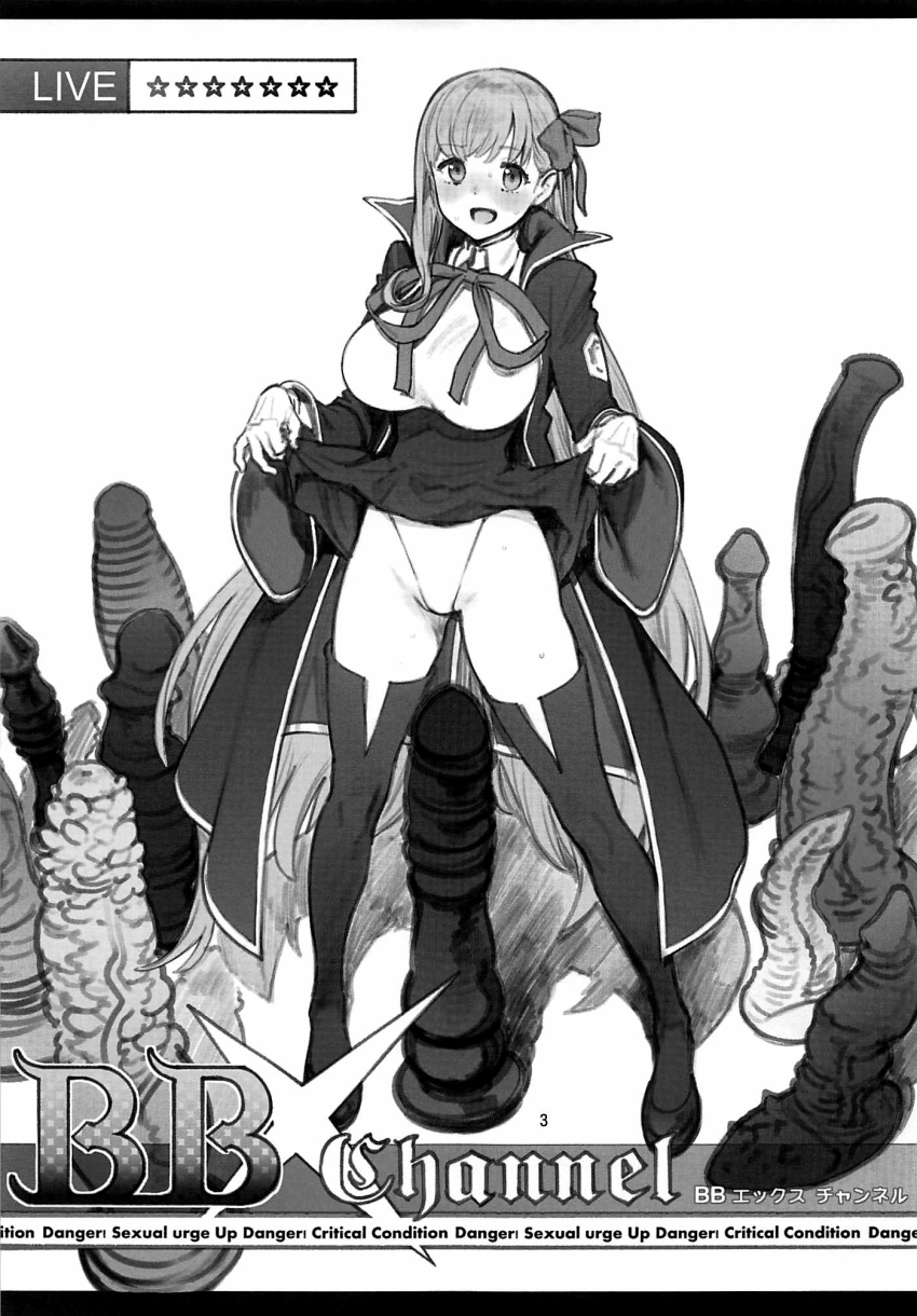 1girl :d bb_(fate) bb_(fate) bb_(fate/extra) blush breasts clothes_lift coat collared_shirt dildo dragon_dildo english_text fate/extra fate/extra_ccc fate_(series) fixed greyscale high-waist_skirt highres horse_dildo huge_dildo imminent_masturbation inoue_kiyoshirou large_breasts lifting_own_clothes livestream long_sleeves looking_at_viewer monochrome neck_ribbon open_clothes open_coat open_mouth pigeon-toed ribbon scan sex_toy shirt shoes skirt skirt_lift smile solo spiked_dildo standing sweat thighhighs wing_collar