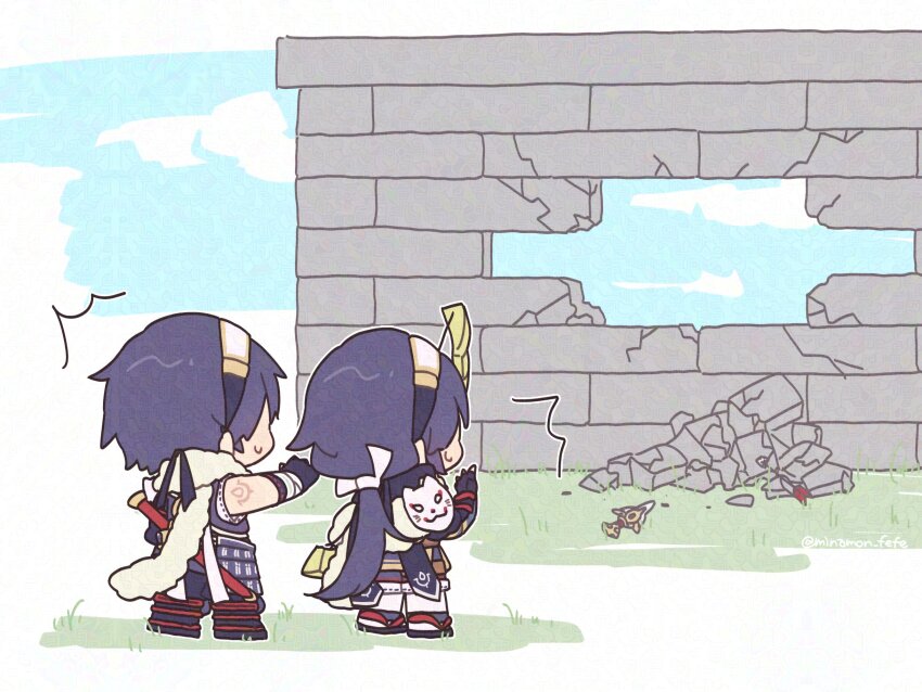 1boy 1girl blue_hair brick_wall broken_wall chibi chibi_only chrom_(fire_emblem) chrom_(ninja)_(fire_emblem) father_and_daughter fire_emblem fire_emblem_awakening fire_emblem_heroes from_behind highres long_hair lucina_(fire_emblem) lucina_(ninja)_(fire_emblem) nintendo official_alternate_costume ponytail short_hair sorane_amus sweatdrop twitter_username