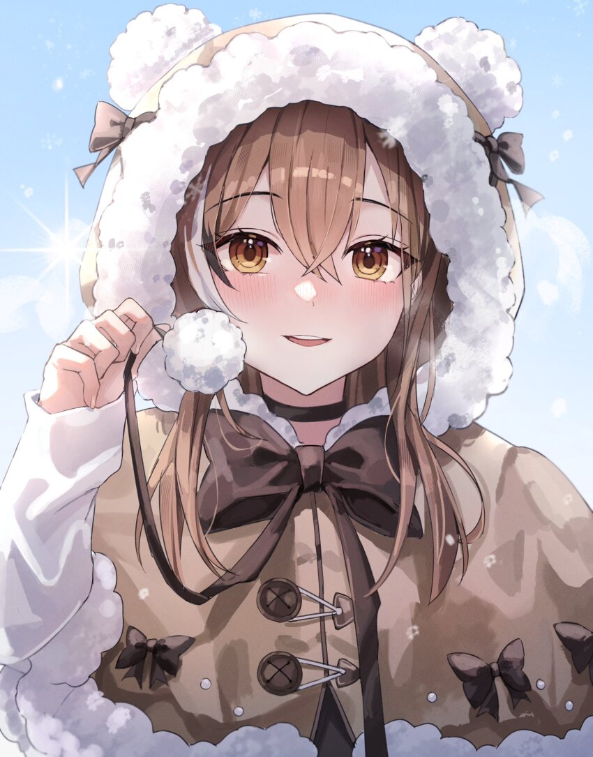 1girl animal_hood bear_hood brown_capelet brown_eyes brown_hair capelet crossed_bangs fingernails fur_trim highres holding holding_string hololive hololive_english hood kim_leeyoon lens_flare looking_at_viewer multicolored_hair nanashi_mumei official_alternate_costume pom_pom_(clothes) ribbon smile snowing streaked_hair string teeth upper_teeth_only virtual_youtuber