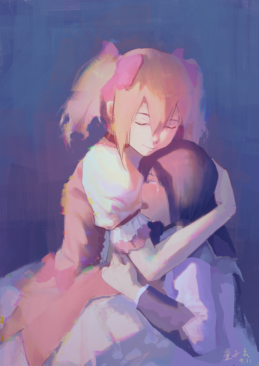 2girls absurdres akemi_homura akemi_homura_(magical_girl) arms_around_neck bare_arms black_capelet black_hair blue_background bow bubble_skirt capelet chin_rest choker closed_eyes closed_mouth commentary_request cowboy_shot crying dated dress frilled_sleeves frills gradient_background grey_capelet hair_between_eyes hair_bow head_on_head head_rest highres hug kaname_madoka kaname_madoka_(magical_girl) kneeling layered_sleeves liangziyun long_hair long_sleeves magical_girl mahou_shoujo_madoka_magica mahou_shoujo_madoka_magica_(anime) multiple_girls no_gloves open_mouth pink_bow pink_dress pink_hair puffy_short_sleeves puffy_sleeves purple_background red_choker sad short_dress short_hair short_sleeves short_twintails signature simple_background skirt skirt_under_dress smile tears teeth twintails two-tone_capelet upper_teeth_only white_skirt white_sleeves
