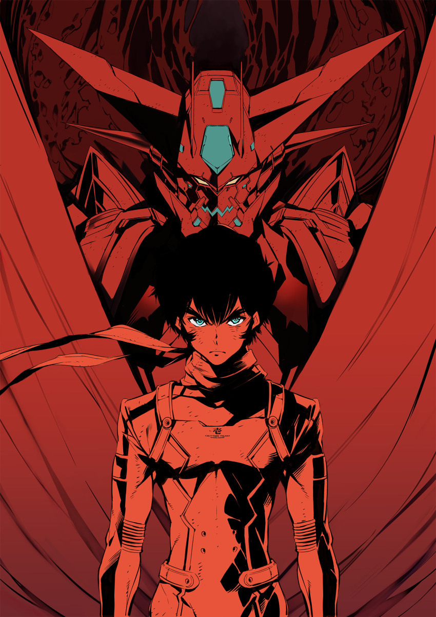 1boy cover cover_image cover_page getter-1_(devolution) getter_robo getter_robo_devolution green_eyes highres looking_at_viewer manga_cover mecha monochrome nagare_ryoma_(devolution) official_art pilot_suit red_theme robot scarf science_fiction shimizu_eiichi shimoguchi_tomohiro super_robot textless_version v-shaped_eyebrows