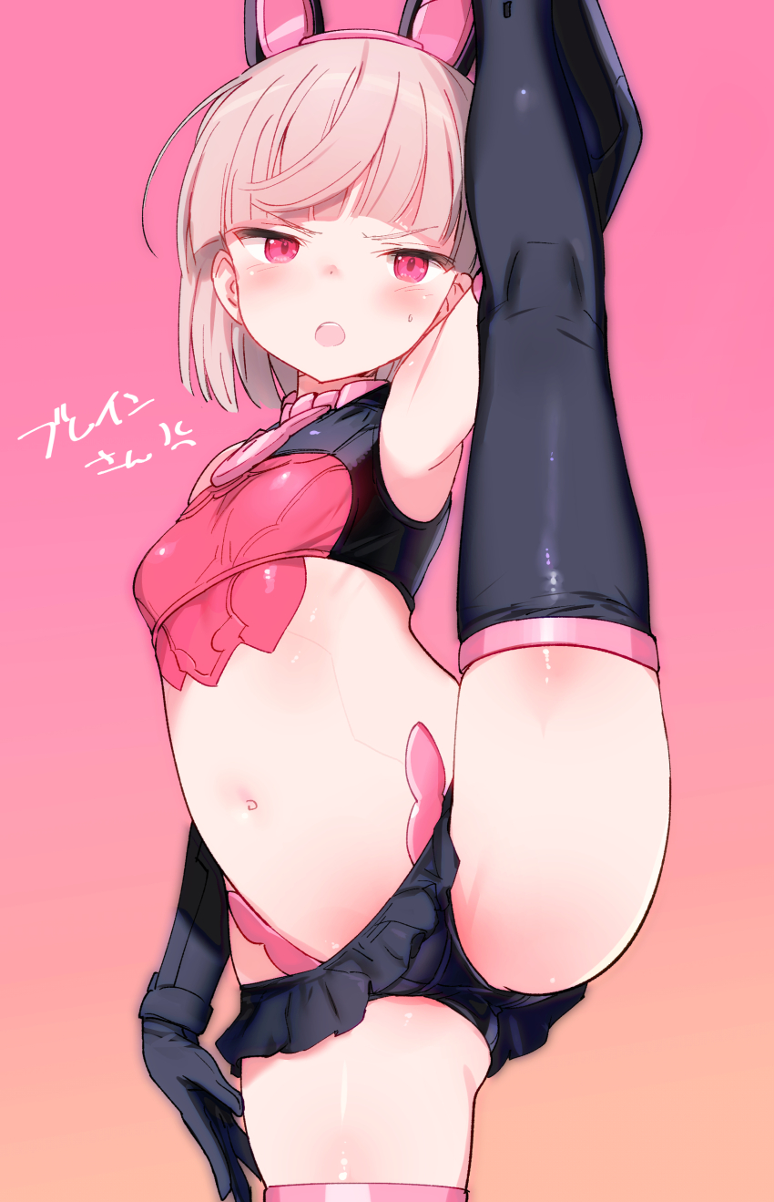 1girl 30_minutes_sisters absurdres animal_ears ass black_gloves blonde_hair blunt_bangs cowboy_shot elbow_gloves fake_animal_ears gloves gradient_background highres laranel_(30ms) looking_at_viewer navel pink_background pink_eyes rabbit_ears red_eyes shimada_fumikane short_hair simple_background solo split standing standing_on_one_leg standing_split