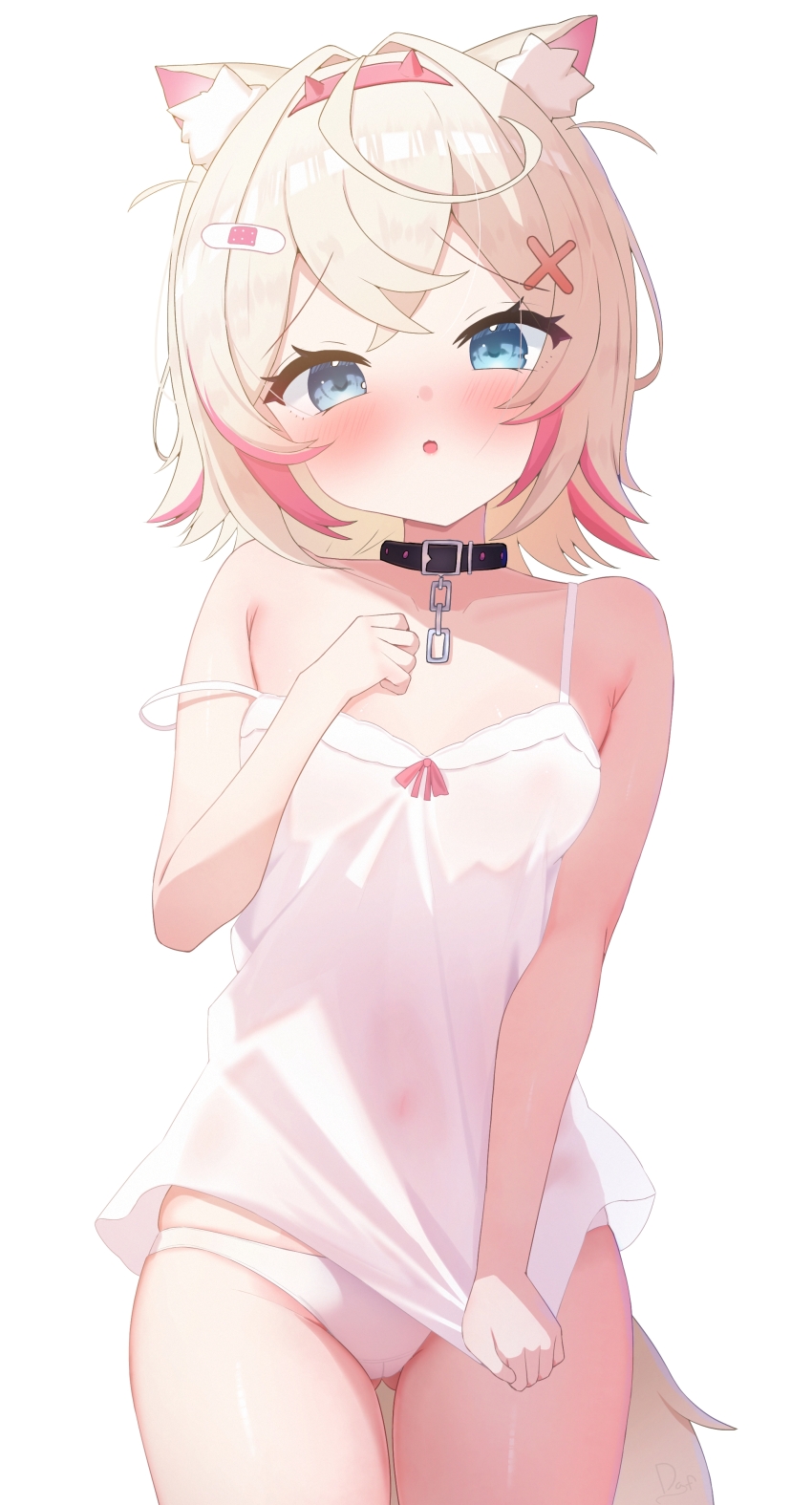 1girl absurdres animal_collar animal_ear_fluff animal_ears bandaid bandaid_hair_ornament blonde_hair blue_eyes blush breasts cameltoe collar commentary cowboy_shot daf_(daf_4) dog_ears dog_girl dog_tail dress_ribbon english_commentary facing_viewer fake_horns gluteal_fold hair_ornament highres holding holding_shirt holding_unworn_clothes hololive hololive_english horns looking_at_viewer mococo_abyssgard multicolored_hair nightgown open_mouth paid_reward_available panties raised_eyebrows see-through_clothes shirt short_hair signature small_breasts solo strap_slip streaked_hair tail thigh_gap underwear unworn_shirt virtual_youtuber white_background white_panties x_hair_ornament