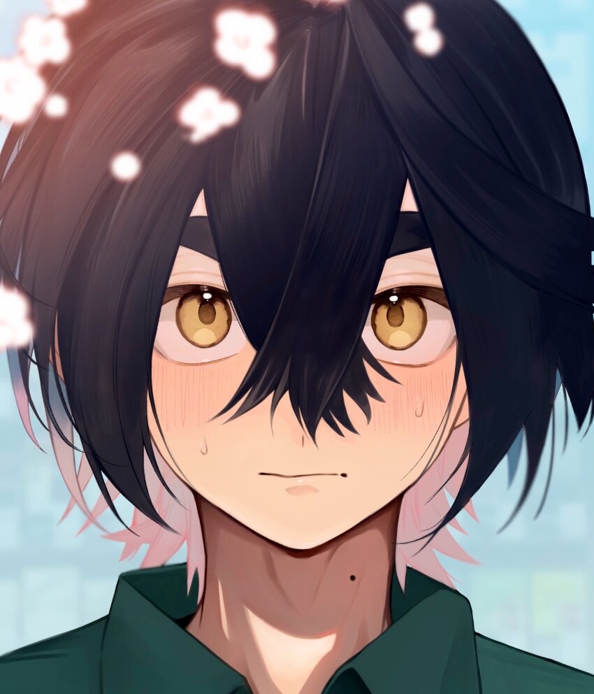 1boy alternate_costume black_hair blurry closed_mouth collared_shirt commentary_request crossed_bangs day flower green_shirt hair_between_eyes hei_tai_(kyaputen1) highres kieran_(pokemon) looking_at_viewer male_focus mole mole_on_neck nintendo outdoors pokemon pokemon_sv portrait shirt short_hair solo sweat yellow_eyes