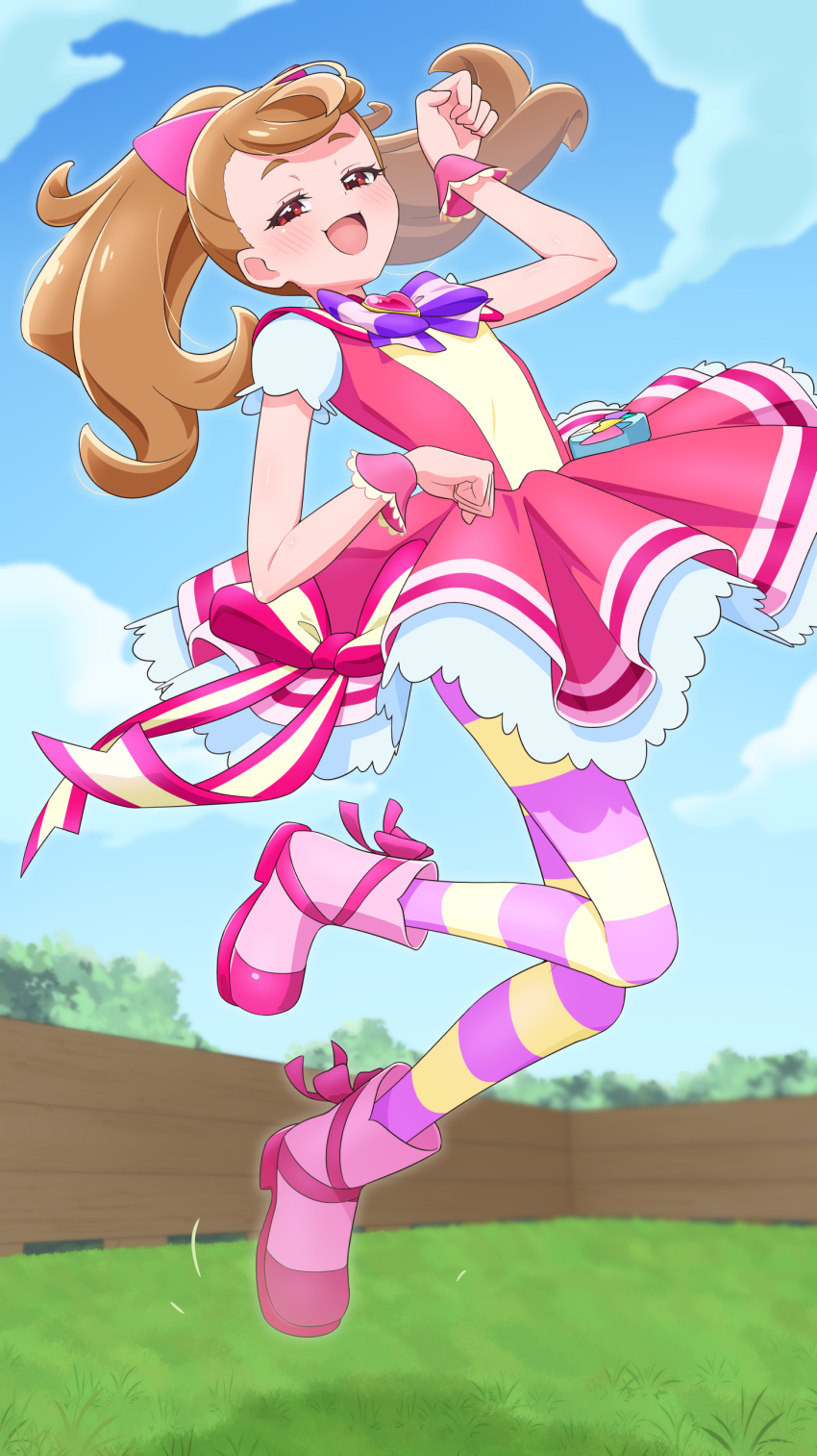 1girl absurdres blush boots bow bowtie brooch brown_hair cloud commentary_request cosplay cure_wonderful cure_wonderful_(cosplay) dress hair_bow heart heart_brooch highres inukai_komugi jewelry long_hair magical_girl open_mouth paid_reward_available pink_boots pink_bow pink_dress ponytail precure puffy_short_sleeves puffy_sleeves purple_bow purple_bowtie red_eyes self_cosplay short_sleeves sky smile solo striped_clothes striped_thighhighs thighhighs tiler_(tiler00) tree white_sleeves wonderful_precure! wrist_cuffs