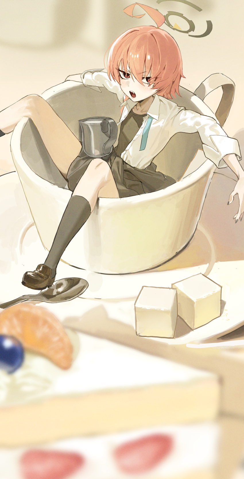 1girl absurdres ahoge black_cardigan black_skirt black_socks black_undershirt blue_archive blueberry cake cake_slice cardigan cardigan_around_waist clothes_around_waist collarbone commentary_request cup fang food fruit halo highres in_container in_cup kneehighs kosubi_(tsuneta328) looking_at_viewer mandarin_orange mini_person minigirl mug neck_ribbon neru_(blue_archive) neru_(school_uniform)_(blue_archive) official_alternate_costume open_clothes open_shirt orange_hair pitcher_(container) red_eyes ribbon school_uniform shirt short_hair skirt socks solo strawberry sugar_cube undone_neck_ribbon v-shaped_eyebrows white_shirt
