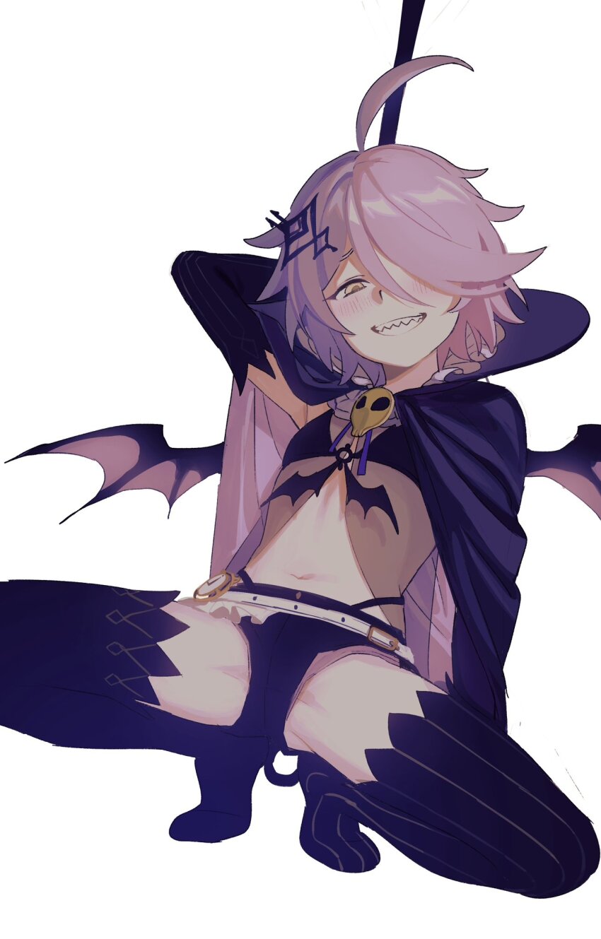 1girl :d ahoge arm_behind_head armpits benghuai_xueyuan black_bra black_gloves black_panties black_shorts black_thighhighs bra cape demon_wings elbow_gloves flat_chest gloves hair_ornament hair_over_one_eye highres hm_mono honkai_(series) multicolored_hair navel open_mouth panties purple_cape sharp_teeth shorts simple_background sin_mal_(benghuai_xueyuan) smile solo spread_legs squatting teeth thighhighs two-tone_hair underwear white_background wings yellow_eyes