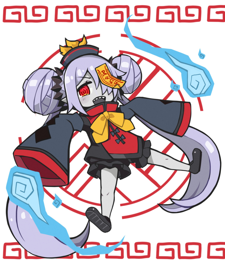 1girl bow chinese_clothes colored_skin death_princess_(disgaea) disgaea double_bun grey_skin hair_bun highres jiangshi jiangshi_costume long_hair makai_senki_disgaea_7 twintails yellow_bow zombie