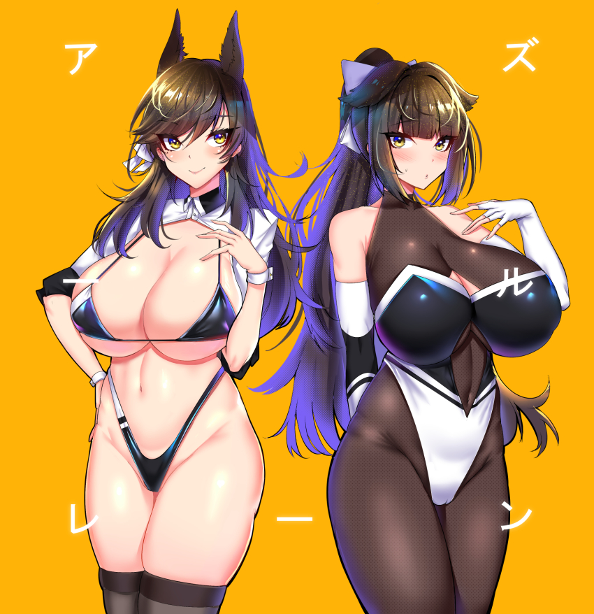 2girls animal_ears atago_(azur_lane) atago_(stunning_speedster)_(azur_lane) azur_lane black_hair black_legwear blush breasts cameltoe cleavage elbow_gloves fingerless_gloves funaya_(a2brasd) gloves highleg highleg_one-piece_swimsuit highres huge_breasts long_hair looking_at_viewer multiple_girls navel one-piece_swimsuit pantyhose ponytail race_queen revealing_clothes skindentation smile swimsuit takao_(azur_lane) takao_(full_throttle_charmer)_(azur_lane) thighhighs translation_request yellow_4 yellow_background yellow_eyes