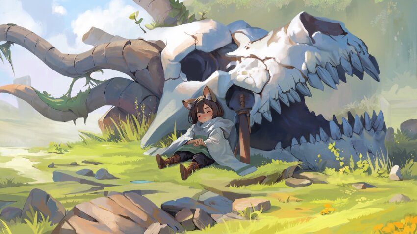 1girl animal_ears black_pants blue_sky blush boots brown_boots celestra closed_eyes cloud cloudy_sky commentary day dragon_horns dragon_skull flower foliage fox_ears fox_girl giant_skull grass green_poncho hands_on_lap highres horns moss on_grass original outdoors overgrown pants rock scabbard scenery sharp_teeth sheath sitting sky sleeping solo sword symbol-only_commentary teeth two-tone_poncho very_long_sleeves weapon white_poncho yellow_flower