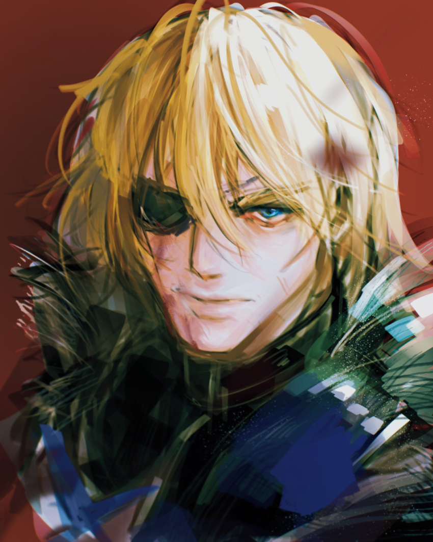 1boy armor black_armor blonde_hair blood blood_in_hair blood_on_face blue_eyes breastplate dimitri_alexandre_blaiddyd dimitri_alexandre_blaiddyd_(timeskip) eyepatch fire_emblem fire_emblem:_three_houses highres lno408 looking_at_viewer male_focus messy_hair nintendo one_eye_covered portrait red_background sanpaku solo