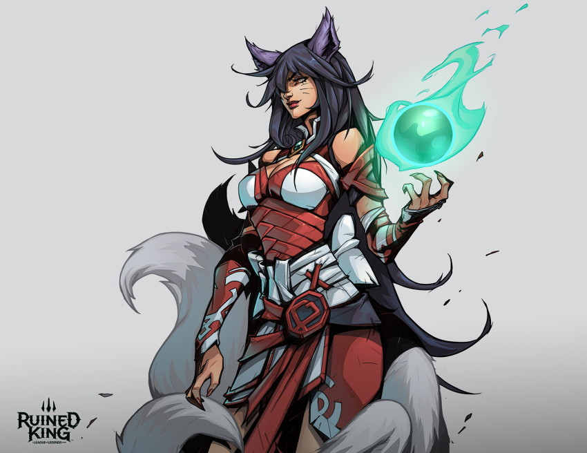 1girl ahri_(league_of_legends) animal_ears aron_lusen black_hair breasts cleavage commentary detached_sleeves energy_ball facial_mark fingernails fox_ears fox_girl fox_tail gradient_background hicham_habchi highres large_breasts league_of_legends long_fingernails long_hair multiple_tails official_art ruined_king:_a_league_of_legends_story tail whisker_markings