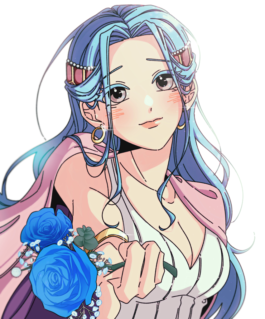 1girl absurdres blue_flower blue_hair blue_rose blush breasts brown_eyes cleavage commentary_request earrings eyelashes flower glint half_updo highres holding holding_flower jewelry korean_commentary light_smile lmi_ding long_hair nefertari_vivi one_piece pink_lips rose simple_background solo upper_body white_background