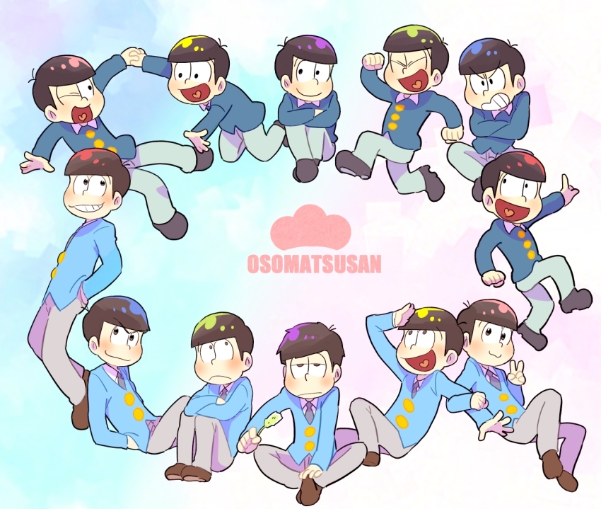 6+boys age_comparison ban_(ban62460424) black_footwear blue_jacket brothers brown_footwear crossed_arms grey_pants grin hands_in_pockets heart heart_in_mouth holding_cat_teaser holding_hands jacket male_focus matsuno_choromatsu matsuno_ichimatsu matsuno_jyushimatsu matsuno_karamatsu matsuno_osomatsu matsuno_todomatsu multiple_boys necktie open_mouth osomatsu-kun osomatsu-san osomatsu_(series) pants purple_necktie shirt siblings smile white_shirt