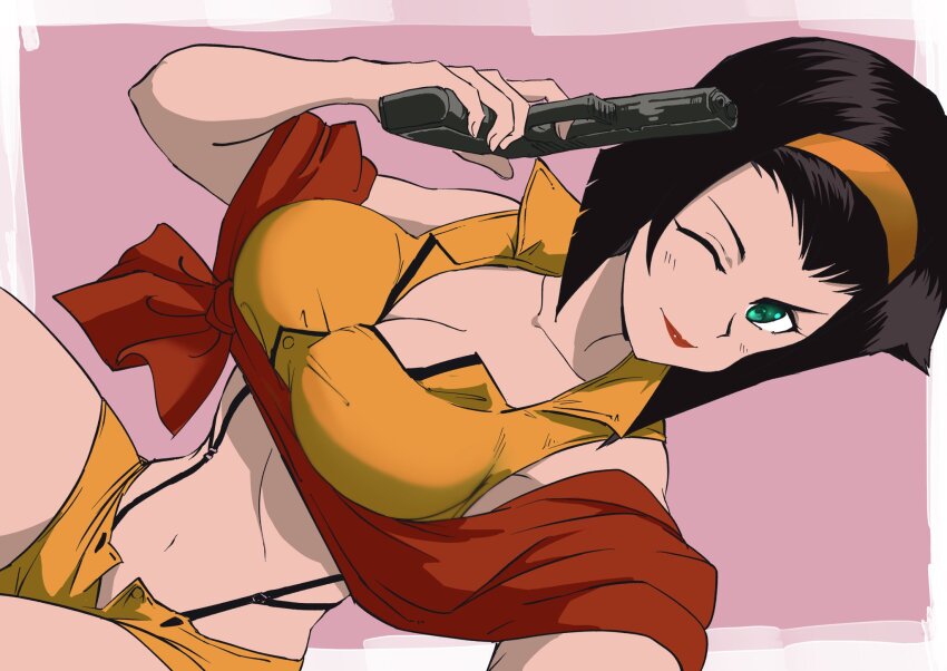 1girl breasts cleavage closed_mouth cowboy_bebop faye_valentine glock green_eyes gun hairband handgun highres holding holding_gun holding_weapon kajino_(aosansai) lipstick looking_at_viewer makeup navel one_eye_closed purple_hair short_hair shorts solo weapon yellow_hairband