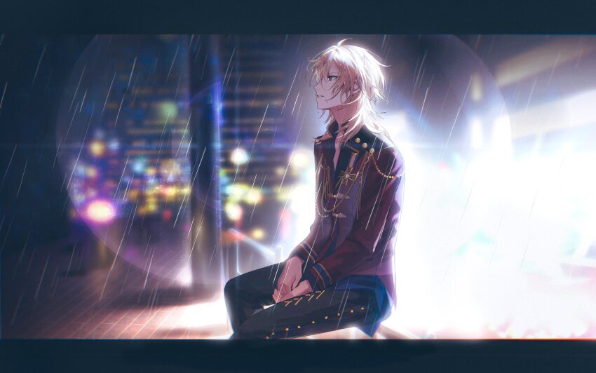 1boy ahoge backlighting black_pants blonde_hair blue_shirt blurry building chain city_lights collared_jacket depth_of_field ensemble_stars! film_grain from_side gold_chain gold_medal gold_trim grey_eyes hair_between_eyes hakaze_kaoru hands_on_lap high_collar highres idol jacket lens_flare letterboxed long_sleeves looking_up medium_hair military_jacket night official_alternate_costume on_railing outdoors pants parted_lips partially_unbuttoned pole profile railing rain red_jacket road ru_kosin shirt sitting solo street wet wet_face wet_hair wolf_cut