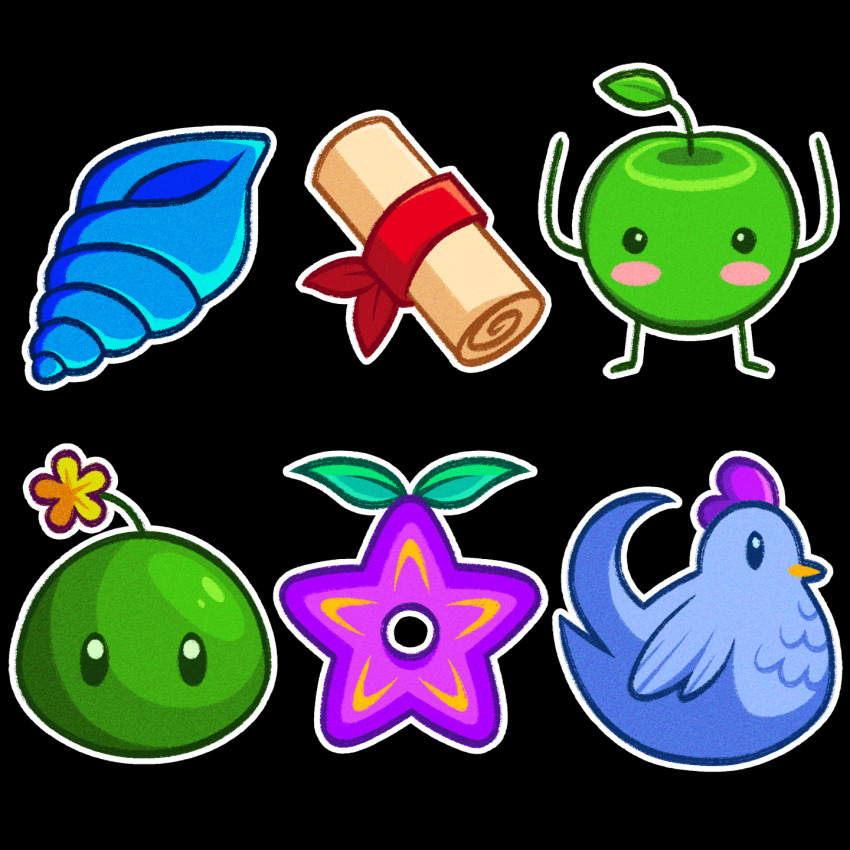 apple bird black_background black_eyes blush_stickers bright_pupils chicken commentary cryptidhermit english_commentary food fruit highres junimo leaf no_humans outline scroll seashell shell simple_background slime_(creature) stardew_valley stardrop_(stardew_valley) white_outline white_pupils