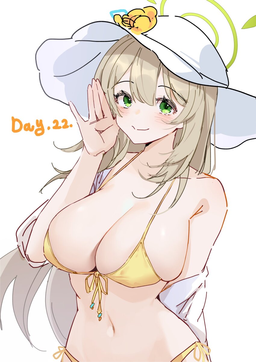 1girl absurdres bikini blonde_hair blue_archive blush breasts cleavage flower front-tie_bikini_top front-tie_top green_eyes green_halo halo hand_up hashtag-only_commentary hat hat_flower highres jacket large_breasts long_hair looking_at_viewer navel nonomi_(blue_archive) nonomi_(swimsuit)_(blue_archive) official_alternate_costume reiami see-through_clothes see-through_jacket side-tie_bikini_bottom simple_background smile solo string_bikini sun_hat swimsuit white_background white_hat yellow_bikini