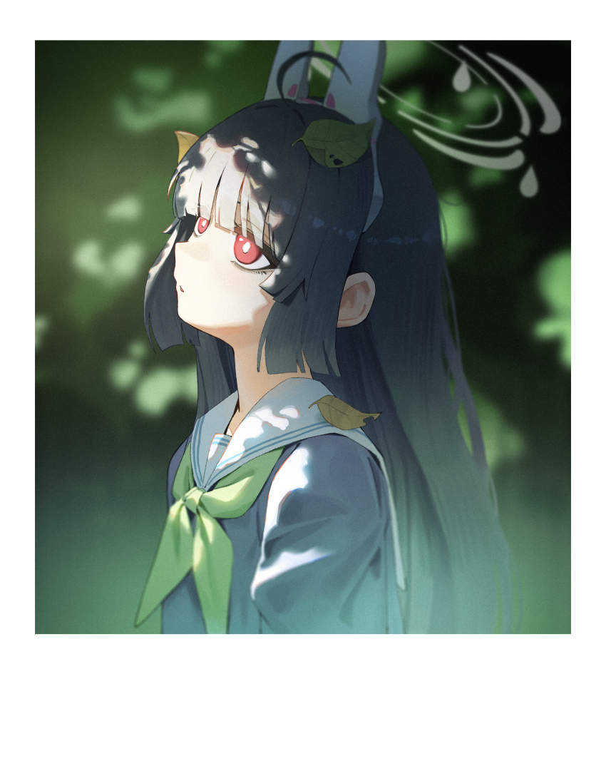 1girl absurdres animal_ears black_hair blue_archive blue_serafuku blunt_bangs blurry blurry_background daeyu_k fake_animal_ears from_side green_neckerchief grey_halo halo highres hime_cut leaf leaf_on_head looking_up miyu_(blue_archive) neckerchief sailor_collar school_uniform serafuku solo upper_body white_sailor_collar