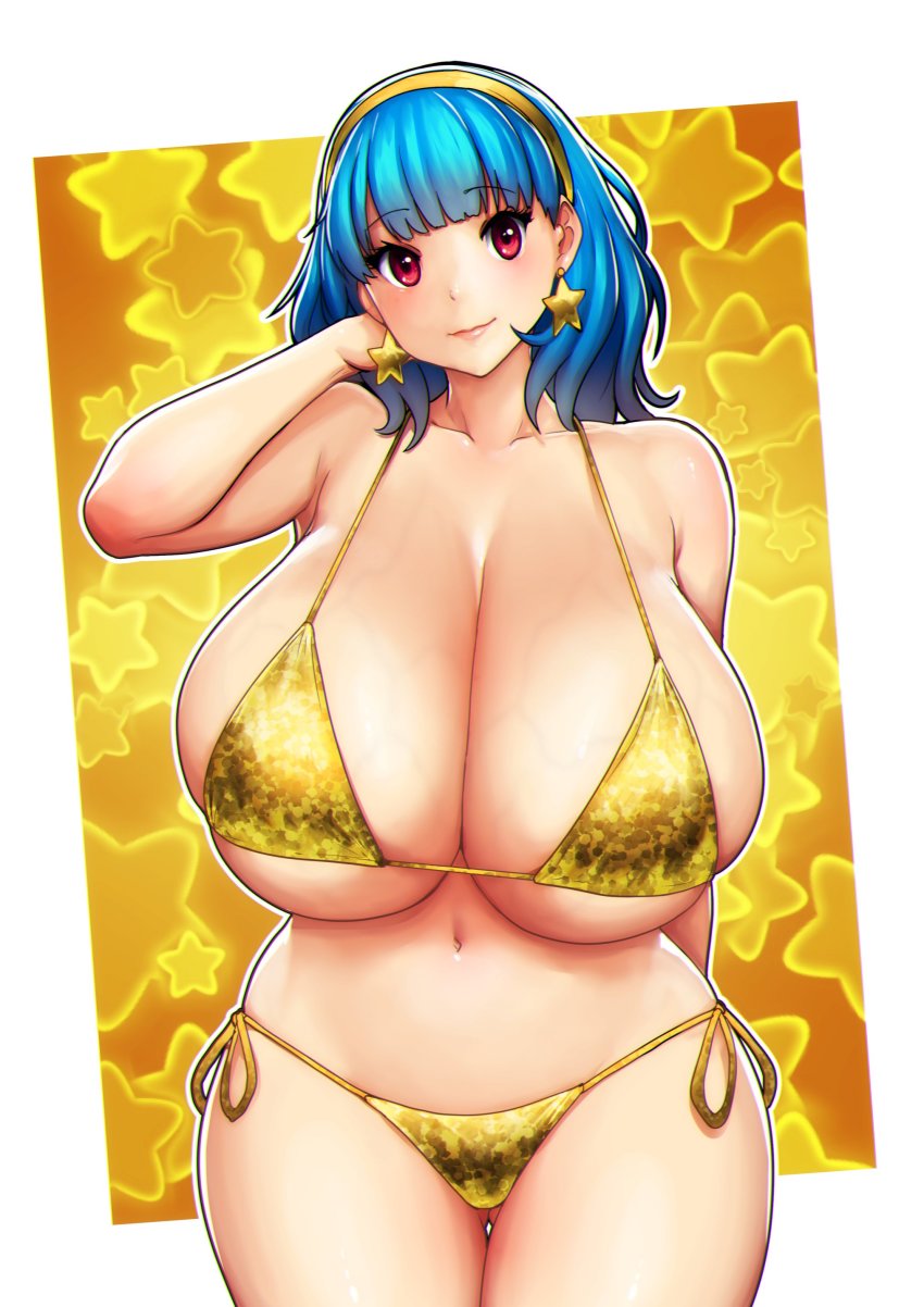 1girl absurdres bikini blue_hair breasts cleavage curvy earrings erkaz gold_bikini highres huge_breasts jewelry medium_hair midriff navel original red_eyes rina_atherina solo star_(symbol) star_earrings swimsuit veins veiny_breasts