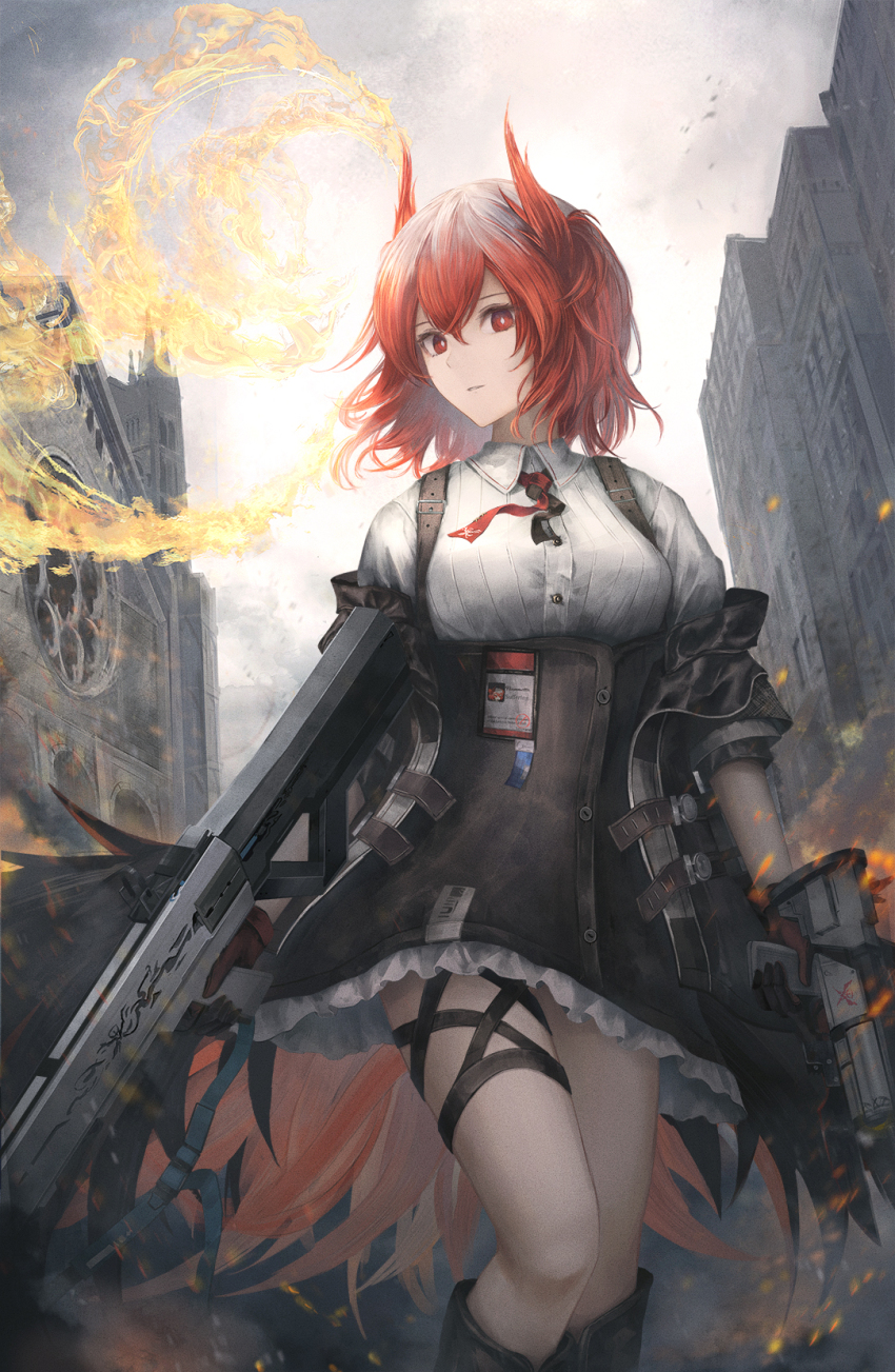 1girl arknights embers fiammetta_(arknights) fire gun highres holding holding_gun holding_weapon id_card leg_belt moose_(moosu193) necktie red_eyes red_necktie short_hair thigh_strap weapon