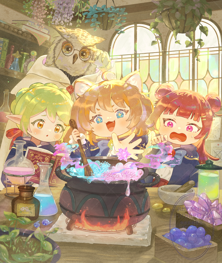 +_+ 1boy 3girls :3 :o absurdres adjusting_eyewear ahoge animal_ears beaker blue_eyes blush book box brown_eyes brown_hair cat_ears cat_girl cauldron double_bun eyelashes fang fire flask furry furry_male glasses green_hair hair_bun highres holding holding_book indoors long_hair medium_hair mortar_(bowl) multiple_girls open_book open_mouth original owl_boy pestle pink_eyes piyokonoenikki_04 plant pointy_ears potion potted_plant red_hair round_eyewear scared shelf short_hair smile sweatdrop watermark watermark_grid window wizard