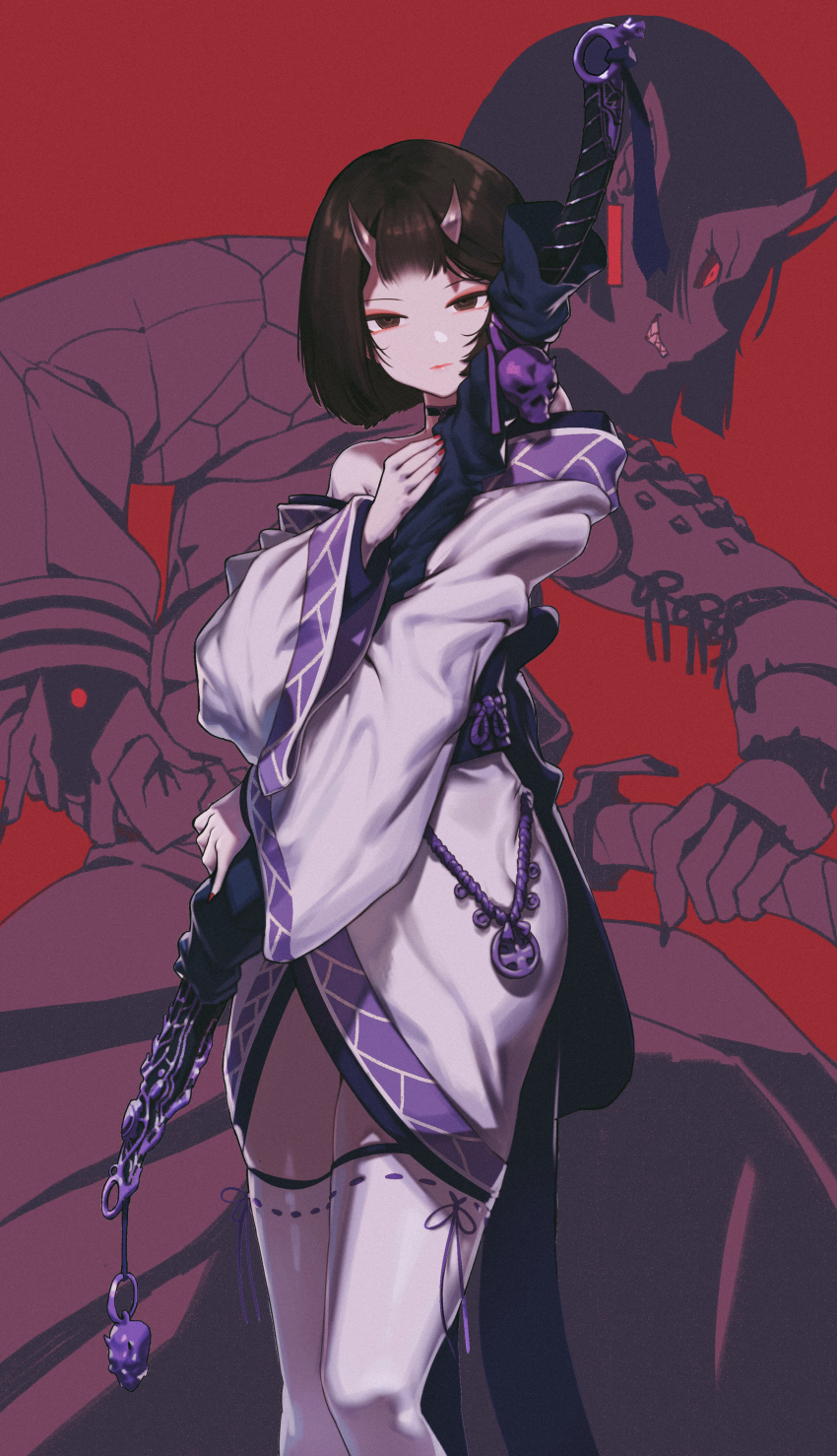 1girl absurdres bare_shoulders black_choker bridal_gauntlets brown_eyes brown_hair charm_(object) choker colored_sclera dark_persona earrings eyeshadow film_grain fingernails grin highres holding holding_sheath holding_sword holding_weapon horns jewelry jin_rou katana long_fingernails long_sleeves looking_at_viewer makeup mole mole_on_leg novel_illustration hugging_object official_art oni oni_horns original parted_lips pink_eyeshadow pink_lips pointy_ears red_background red_eyes red_sclera scabbard scales sharp_teeth sheath short_hair simple_background skindentation skull smile solo sword teeth textless_version thighhighs unsheathing very_long_fingernails weapon weapon_bag white_thighhighs wide_sleeves