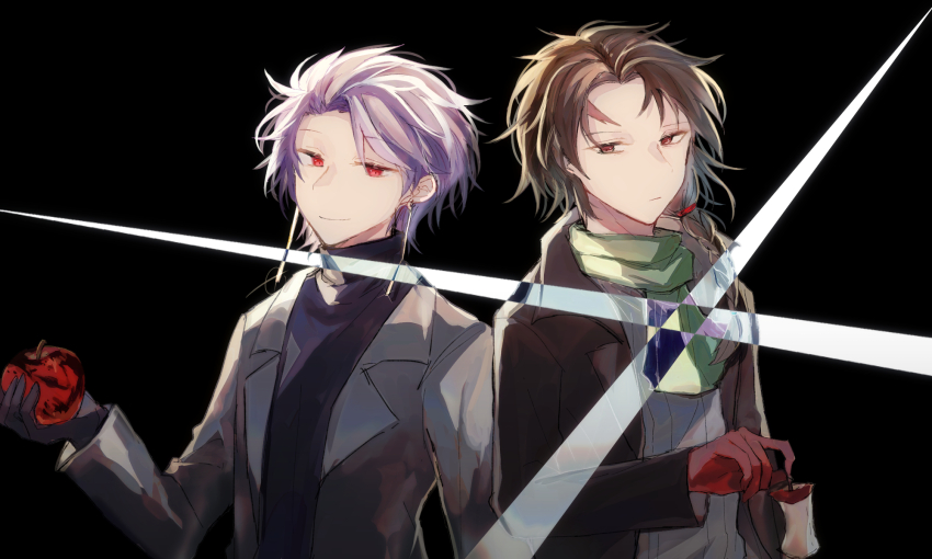 2boys apple apple_core black_gloves black_jacket black_sweater blood blood_on_food braid brown_hair closed_mouth commentary_request earrings food fruit fumi_(rdbm) gloves green_scarf grey_jacket grey_sweater harada_minoru highres jacket jewelry male_focus multiple_boys open_clothes open_jacket purple_hair red_eyes ribbed_sweater saibou_shinkyoku scar scar_on_face scar_on_forehead scarf short_hair side_braid single_braid smile sweater theodore_riddle turtleneck turtleneck_sweater