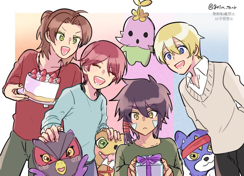 1girl 3boys absurdres agumon_(digimon_savers) belt bird christmas daimon_masaru_(digimon_savers) digimon digimon_(creature) digimon_savers dog falcomon_(digimon_savers) fujieda_yoshino gaomon highres lalamon multiple_boys noguchi_ikuto plant short_hair thoma_h._norstein