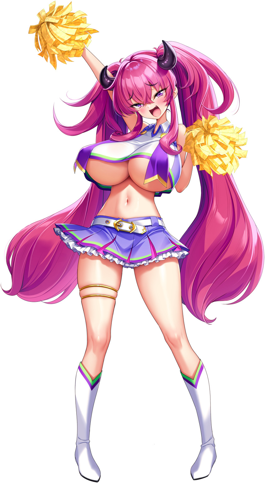 1girl absurdres akagi_rio ankle_boots belt black_horns blush boots breast_curtains breasts cheering cheerleader collared_shirt crop_top crop_top_overhang curved_horns dragon_girl dyzenia_dracour fang full_body game_cg gloves highres holding holding_pom_poms horns huge_breasts long_hair looking_at_viewer mesugaki midriff milk_factory miniskirt motto!_haramase!_honoo_no_oppai_isekai_oppai_maid_gakuen! naughty_face navel no_bra non-web_source official_art open_mouth pink_hair pleated_skirt pom_pom_(cheerleading) pom_poms purple_eyes purple_shirt purple_skirt raised_inner_eyebrows shirt skindentation skirt smile smug sprite_art tachi-e teasing thigh_strap transparent_background twintails underboob very_long_hair white_belt