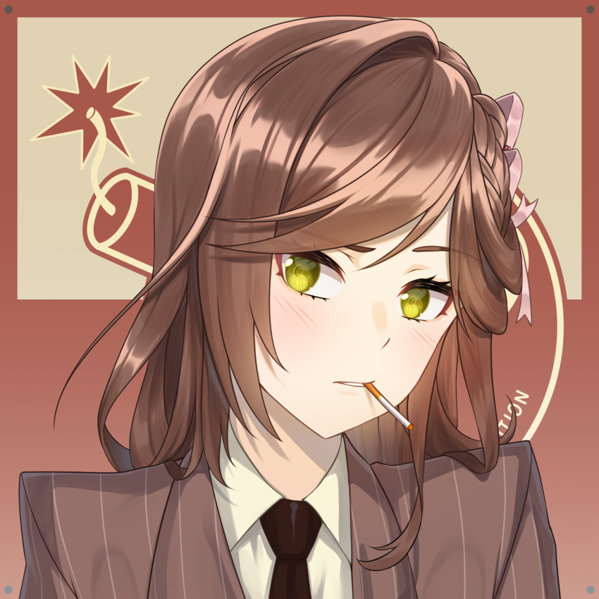 1girl acrylicstroke brown_hair cigarette collared_shirt commission commissioner_upload cosplay formal_clothes green_eyes hair_ornament highres jacket long_hair looking_at_viewer necktie non-web_source red_jacket red_necktie red_spy_(tf2) rosa_(tears_of_themis) shirt smoking solo spy_(tf2) spy_(tf2)_(cosplay) striped_clothes striped_jacket team_fortress_2 tears_of_themis upper_body vertical-striped_clothes vertical-striped_jacket white_shirt