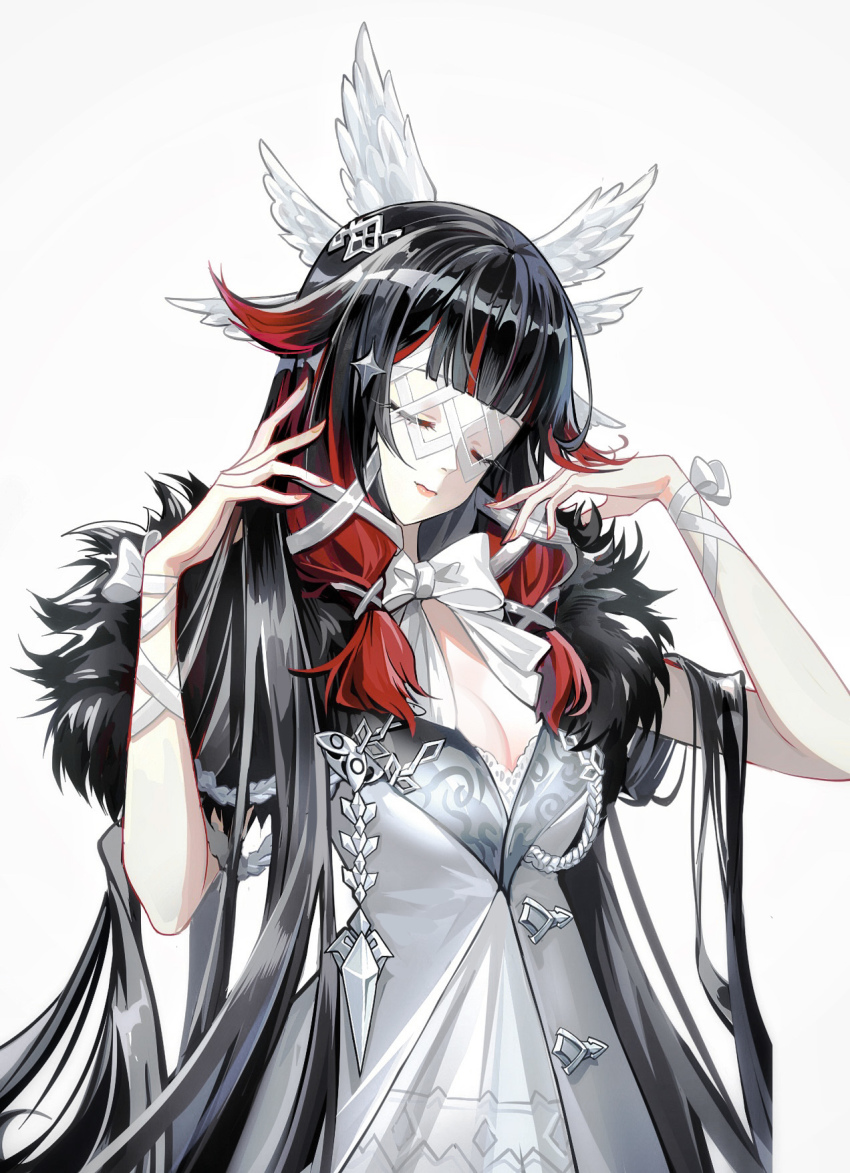 1girl aiguillette black_hair blunt_bangs bow breasts cleavage closed_eyes closed_mouth columbina_(genshin_impact) dress eye_mask eyelashes feathered_wings fur_trim genshin_impact hair_flaps hair_ornament hair_ribbon hair_spread_out hands_up head_tilt head_wings highres jewelry lipstick long_hair makeup mini_wings multicolored_hair multiple_wings nail_polish red_hair ribbon shan_gui_yu_yao sidelocks simple_background smile solo tress_ribbon two-tone_hair upper_body very_long_hair white_background white_bow white_dress white_wings wings wrist_ribbon