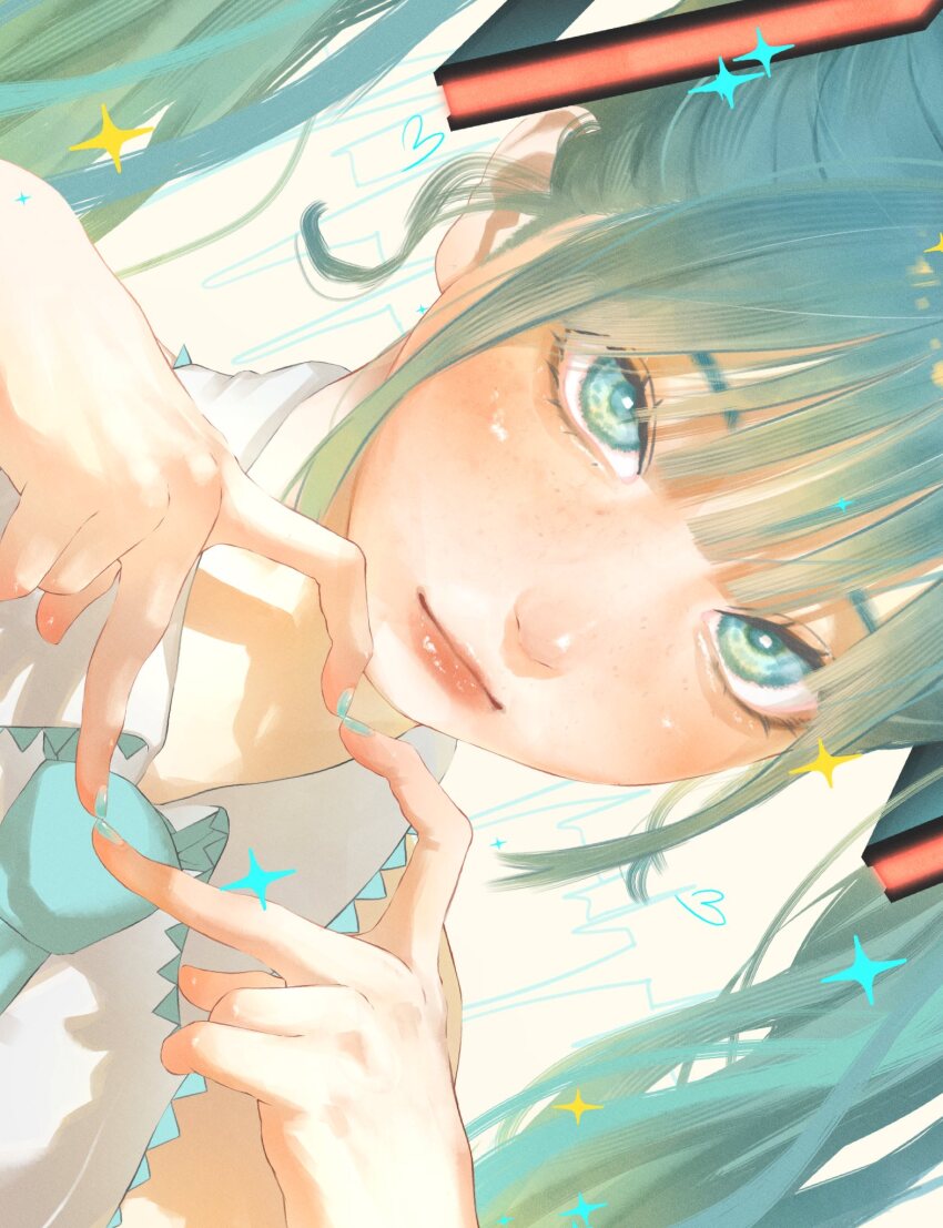 1girl aqua_eyes aqua_hair closed_mouth four-finger_heart_hands hatsune_miku heart heart_hands highres long_hair looking_at_viewer nail_polish noranucoo solo sparkle twintails vocaloid