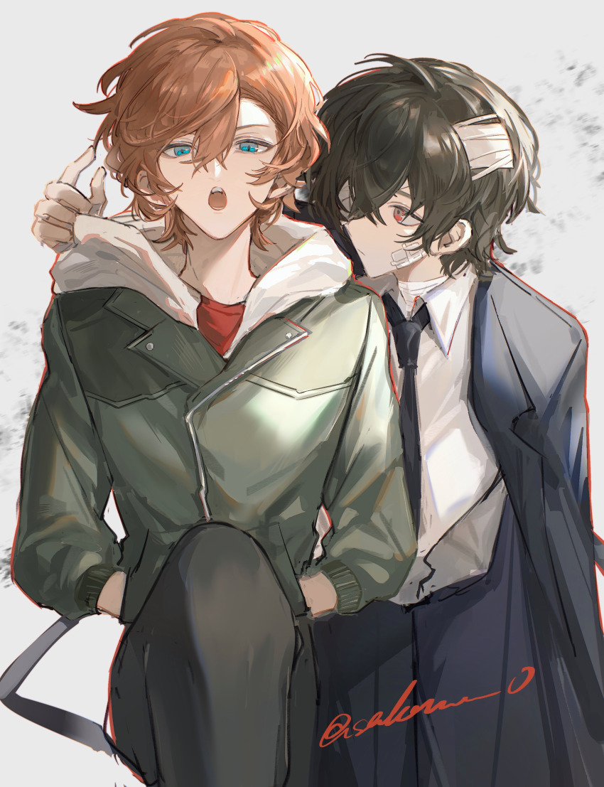 2boys absurdres bandage_over_one_eye bandaged_head bandaged_neck bandages bandaid bandaid_on_cheek bandaid_on_face black_coat black_hair black_necktie black_pants blue_eyes brown_hair bungou_stray_dogs chinese_commentary closed_mouth coat coat_on_shoulders collared_shirt dazai_osamu_(bungou_stray_dogs) green_jacket hair_between_eyes highres hood hoodie jacket long_sleeves looking_at_another looking_at_viewer male_focus multiple_boys nakahara_chuuya_(bungou_stray_dogs) necktie open_mouth orange_hair pants red_eyes red_shirt sakura-zero shirt short_hair signature simple_background twitter_username white_hoodie white_shirt yaoi